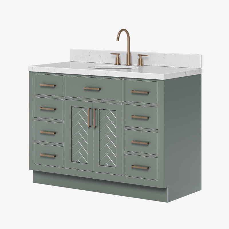 Ensemble de meuble-lavabo simple en bois massif 48 po avec lavabo en quartz Carrara de 1,5 po Tidworth, Ovale, Vert rétro