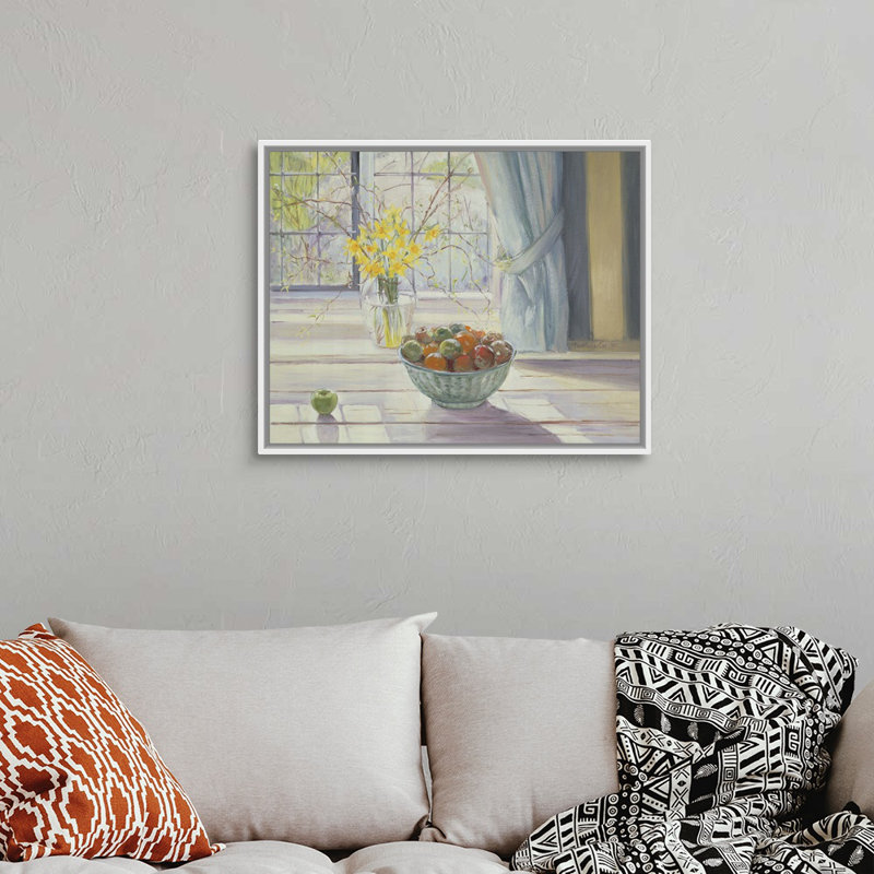 «Fruit Bowl with Spring Flowers, 1990» par Timothy Easton, reproduction d'art sur toile, H 26 po x l 32 po x P 1,75 po