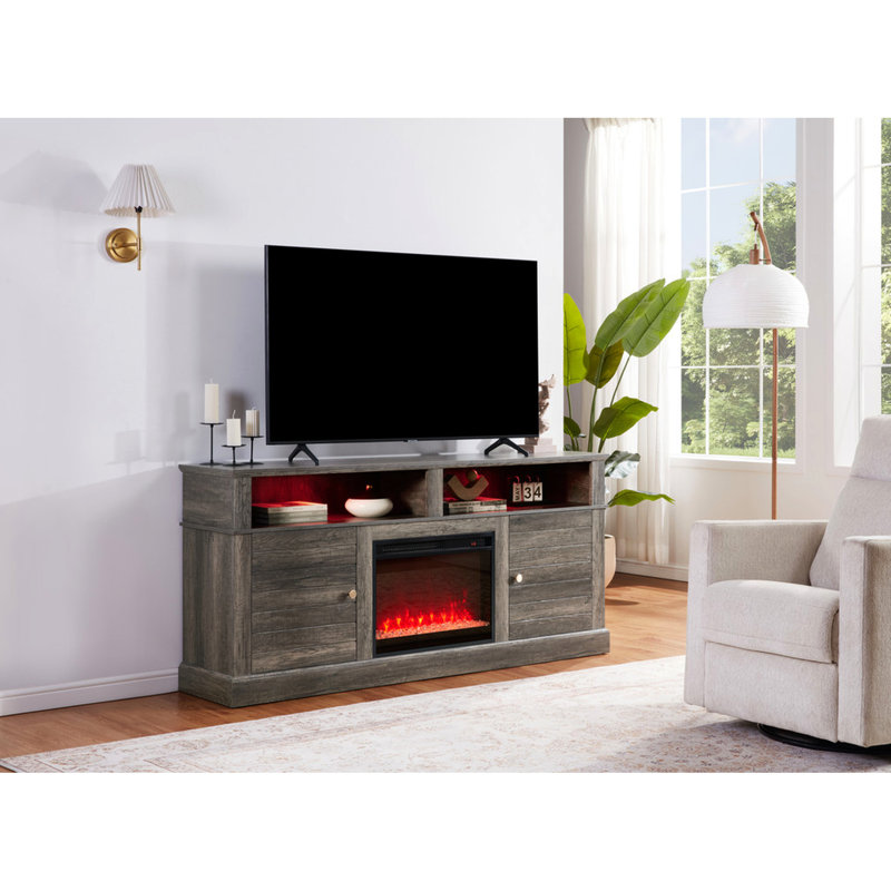 Meuble télé 70 po au fini noyer gris avec foyer, 11 plages de température, 7 possibilités de couleur de flamme, minuterie, 2 armoires et étagères à DEL ouvertes de 70 po, finition, console, cuisinières pour divers