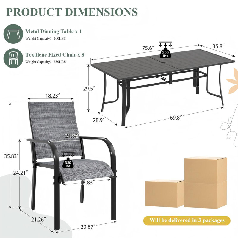 9-Piece Outdoor Patio Dining Set – Includes 8 Dining Chairs and Metal Table with Umbrella Hole – Seats 8 for Backyard, Poolside, Balcony, and Garden Use, Gray