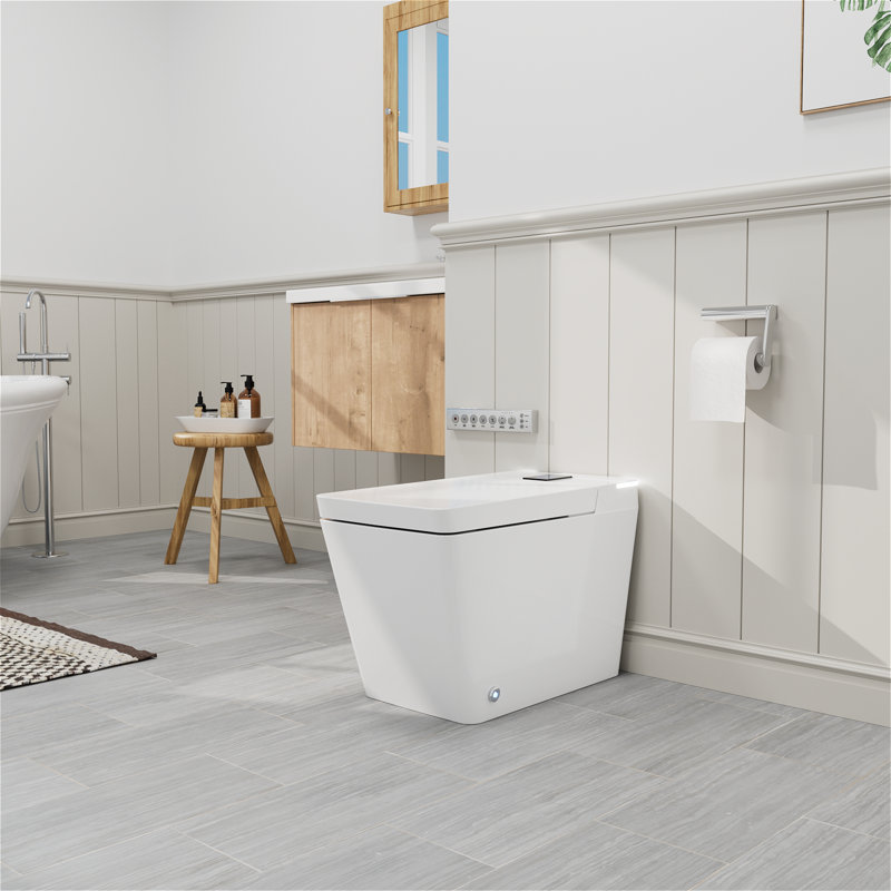 One-piece Floor Mounted Square Smart Toilet With Remote Control And Automatic Cover, White