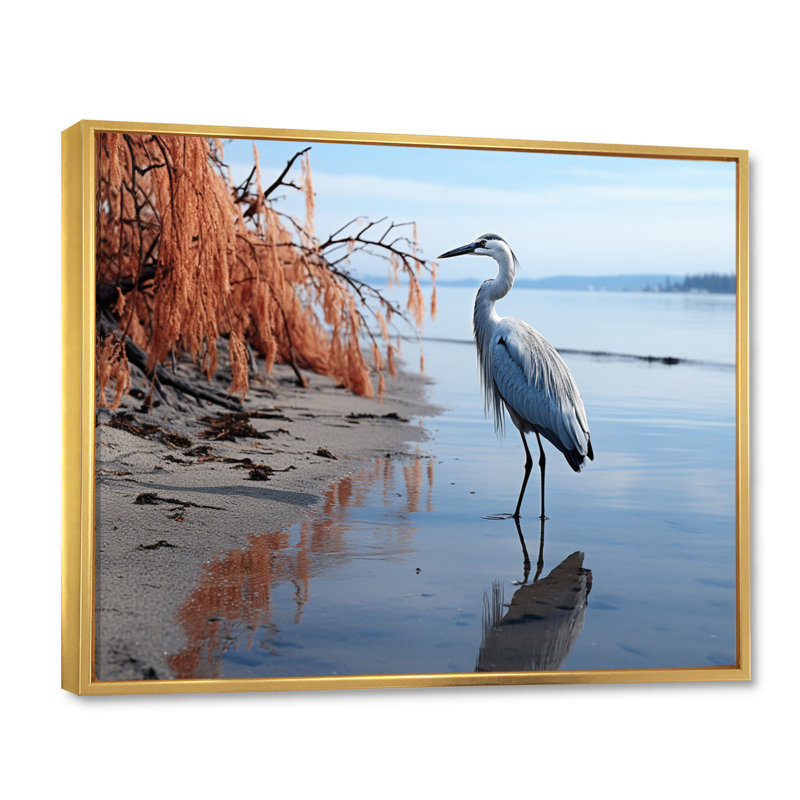 Heron Morning Stroll, reproduction d'art sur toile, H 16 po x l 32 po x P 1 po, Cadre flottant doré