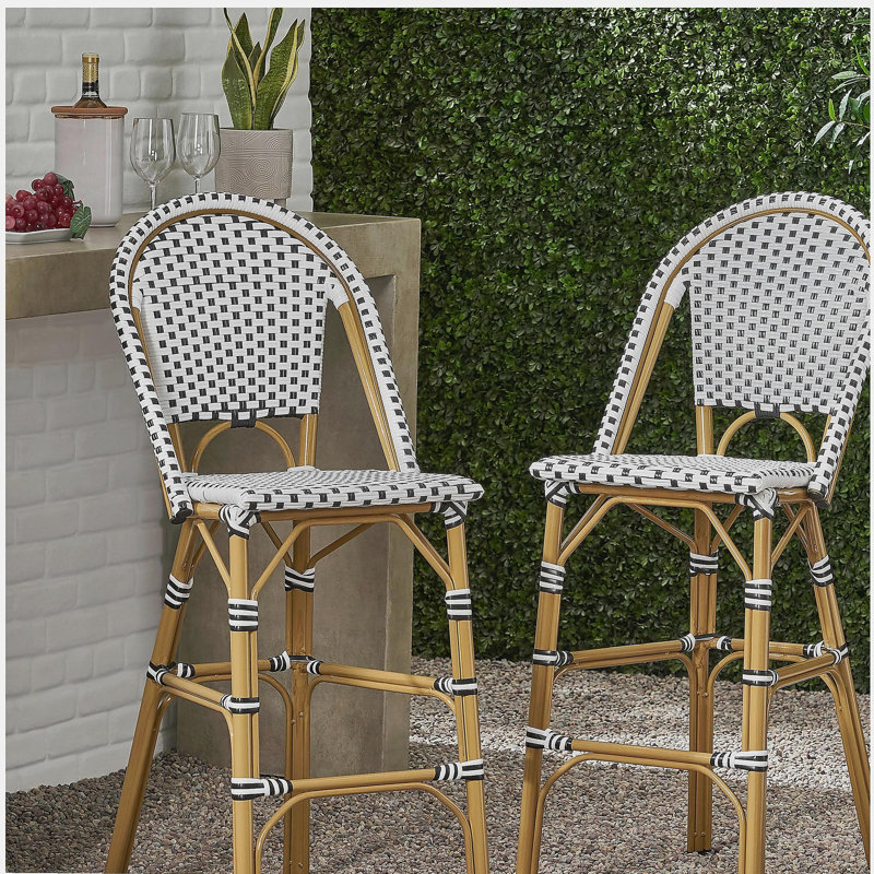 29.5" Outdoor PE Rattan French Barstool, White and Black, Aluminum Frame with Bamboo Finish (Set of 2), White/Black