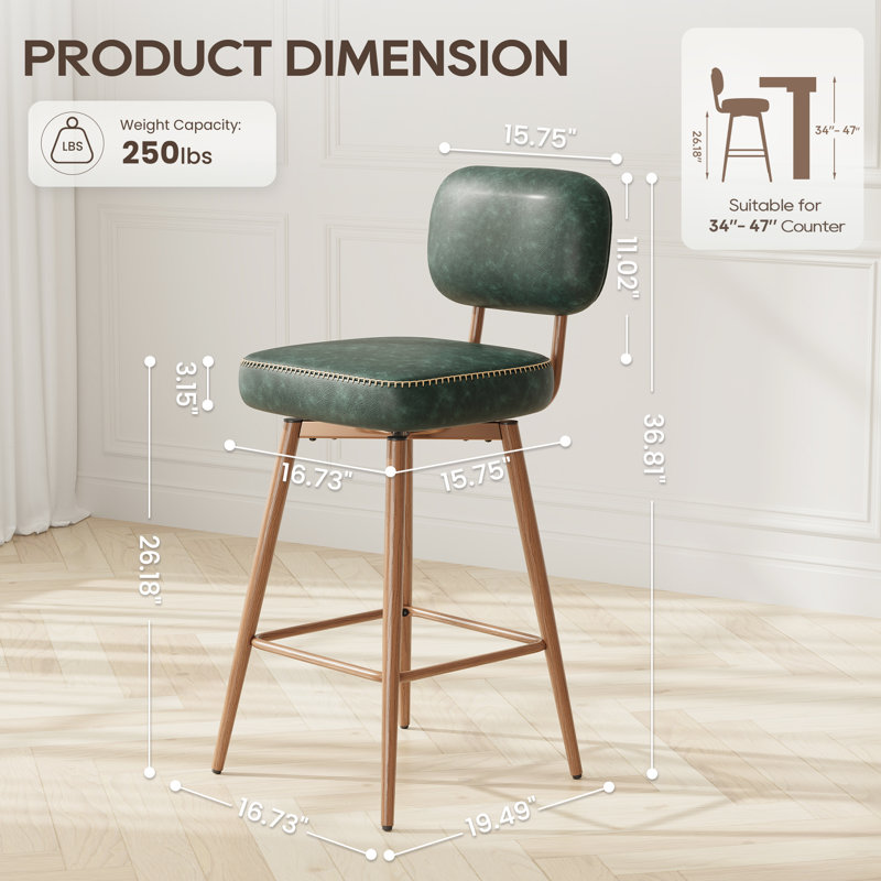 Modern Swivel Upholstered Counter Stools with Metal Frame, Green
