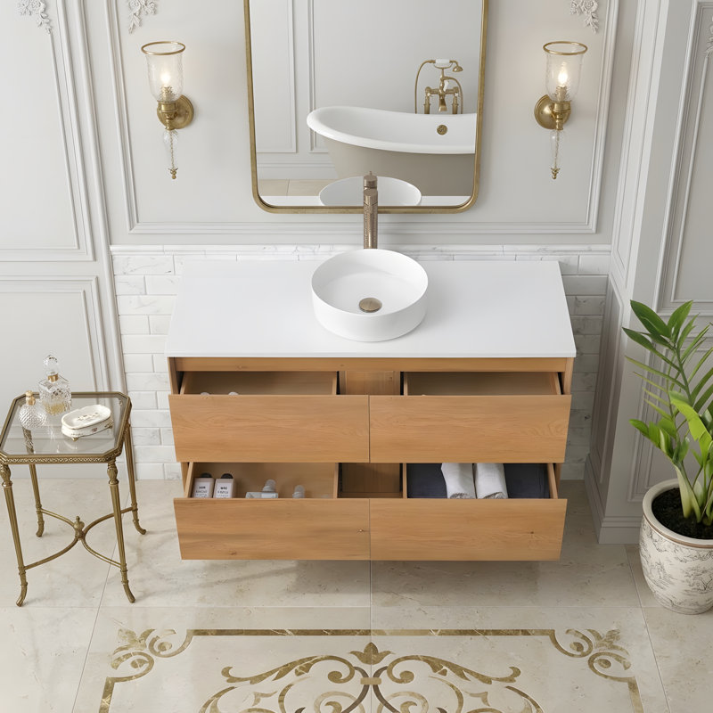 Meuble-lavabo mural moderne avec lavabo vasque et 2 tiroirs Modern, Rond, 48