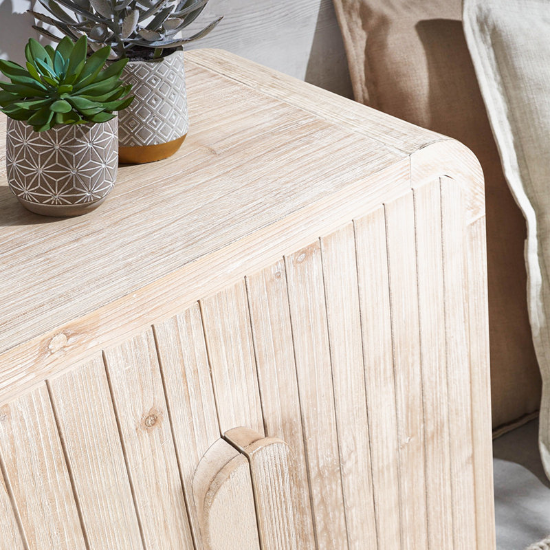 Buffet de rangement courbé rétro avec grandes poignées en bois, Blanc antique