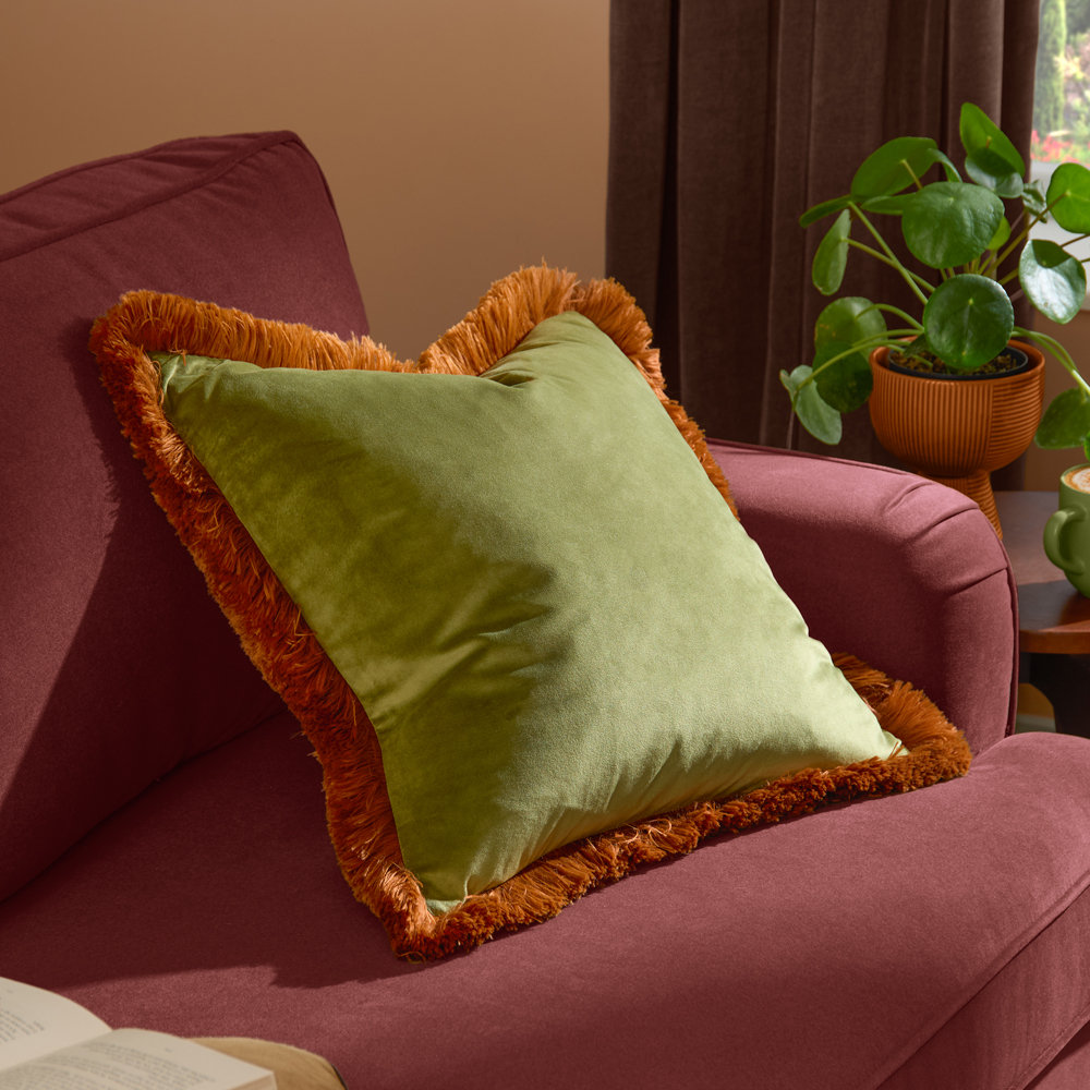 Halo Fringed Olive And Ginger Velvet Cushion 50 X 50Cm Furn - Image 7