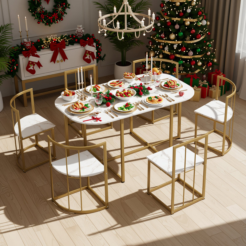 Ensemble de table de salle à manger moderne avec plateau en faux marbre 7 pièces Modern, Doré