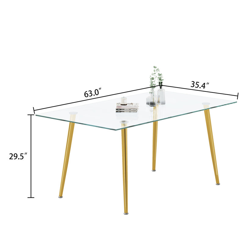Table de salle à manger dorée en verre trempé épais de 0,32 po, profondeur 63,74 po, largeur 35,17 po, hauteur 29,41 po, poids de 85,6 lb, conception contemporaine pour la salle à manger, surface à gratter, durabilité en métal
