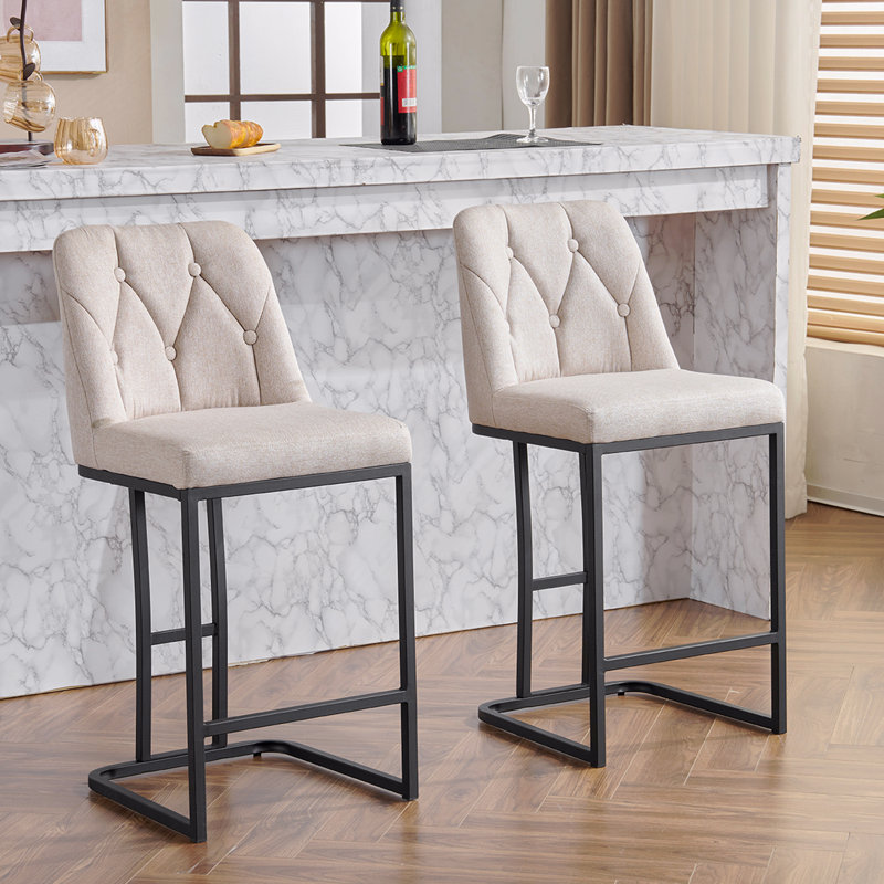 Ensemble de 2, tabouret de bar rembourré moderne avec dossier capitonné, chaise d'appoint de base à hauteur de comptoir avec structure en métal robuste, siège rembourré confortable