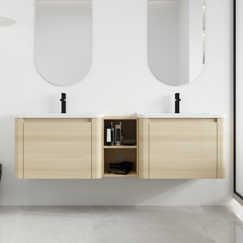 Narnby 68'' Wall-Mounted Double Bathroom Vanity With Ceramic Top, White Oak, 68"