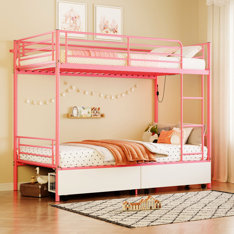 Lit superposé en métal rose avec panneau de séparation, rangement, lits simples séparables, sans sommier dans la chambre à coucher moderne, divisé pour