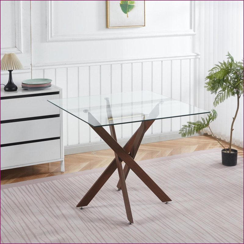 Table basse en verre trempé noyer avec pieds croisés en métal, peu encombrante pour le salon, facile à nettoyer