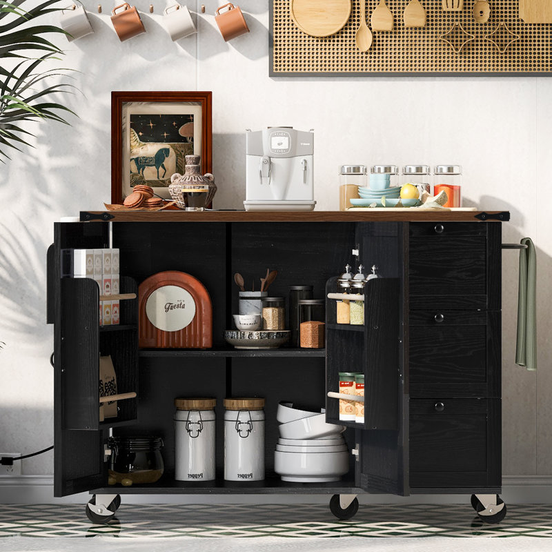 54.5" Farmhouse Kitchen Island With Storage, Drop Leaf, Spice Rack, Rolling Cart & Power Outlet, Black, Black