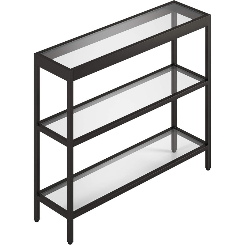 Modern Rectangular Console Table With Blackened Bronze Steel Frame And Tempered Glass Top For Entryway, Living Room, Or Hallway