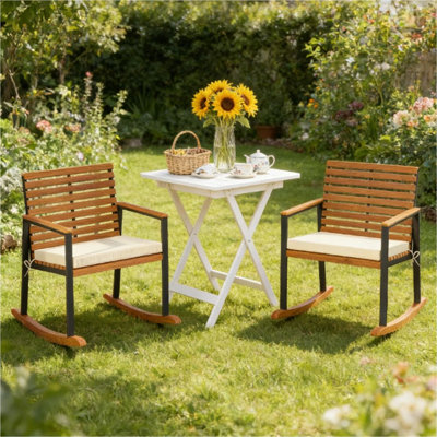 Classic White Acacia Wood Rocking Chair Set of 2 for Terrace Seating, 31.5-Inch Depth