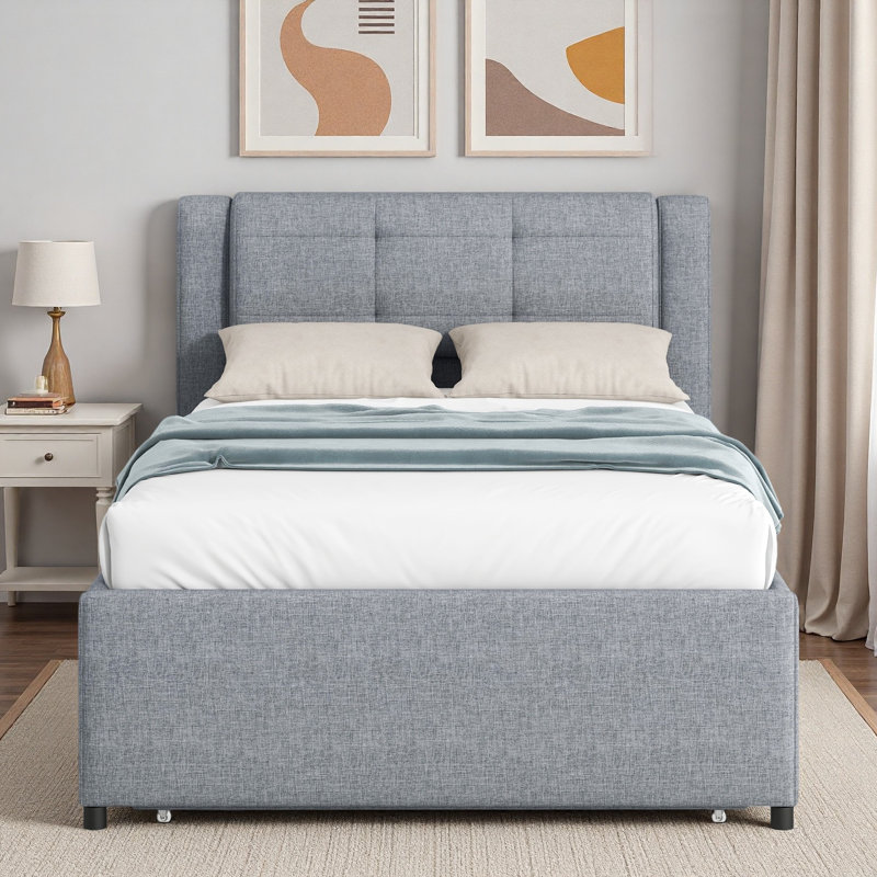 Lit plateforme simple tapissier avec lit gigogne, lit gigogne peut être plat ou surélevé, conception peu encombrante, gris