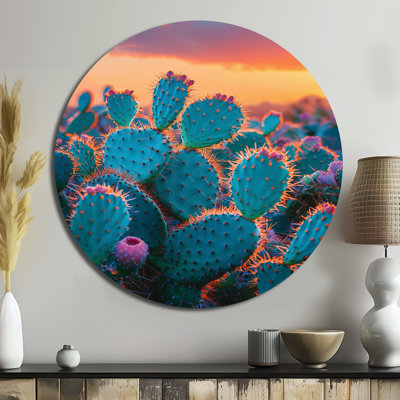 Cactus jardin au coucher du soleil au Mexique I - art mural rond en métal Cactus