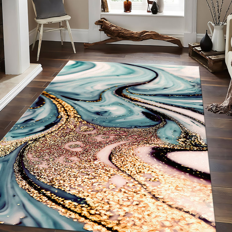 Soft Pile Printed Rug with Abstract Waves and Swirls Design Perfect for Adding a Touch of Modern Style to Your Living Room or Bedroom