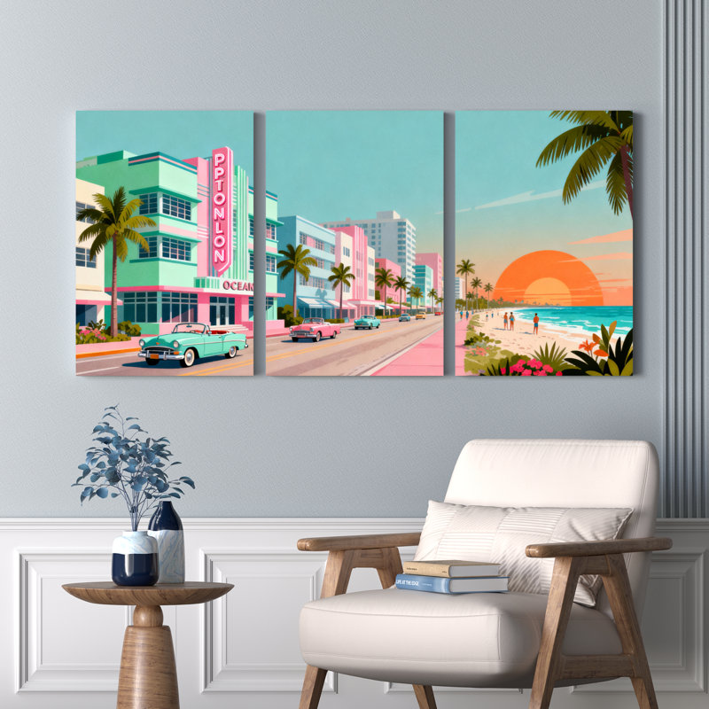 Ensemble de 3 tableaux sur toile Art déco représentant une scène de plage à Miami, H 30 po x l 60 po