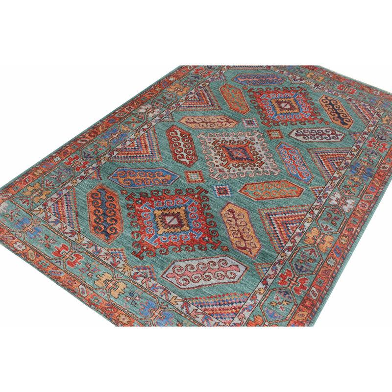 Tapis unique en laine noué à la main rectangulaire de 4 pi 1 po x 6 pi 2 po ikat en vert / rouge / orange / bleu