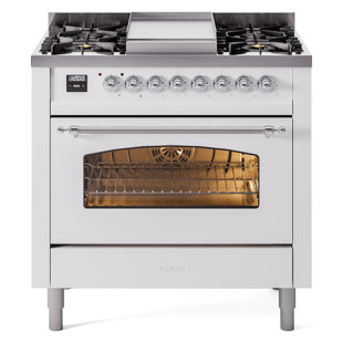 Cuisinière à double combustible 36 pouces avec 6 brûleurs, plaque chauffante (porte vitrée) ILVE Nostalgie II Series