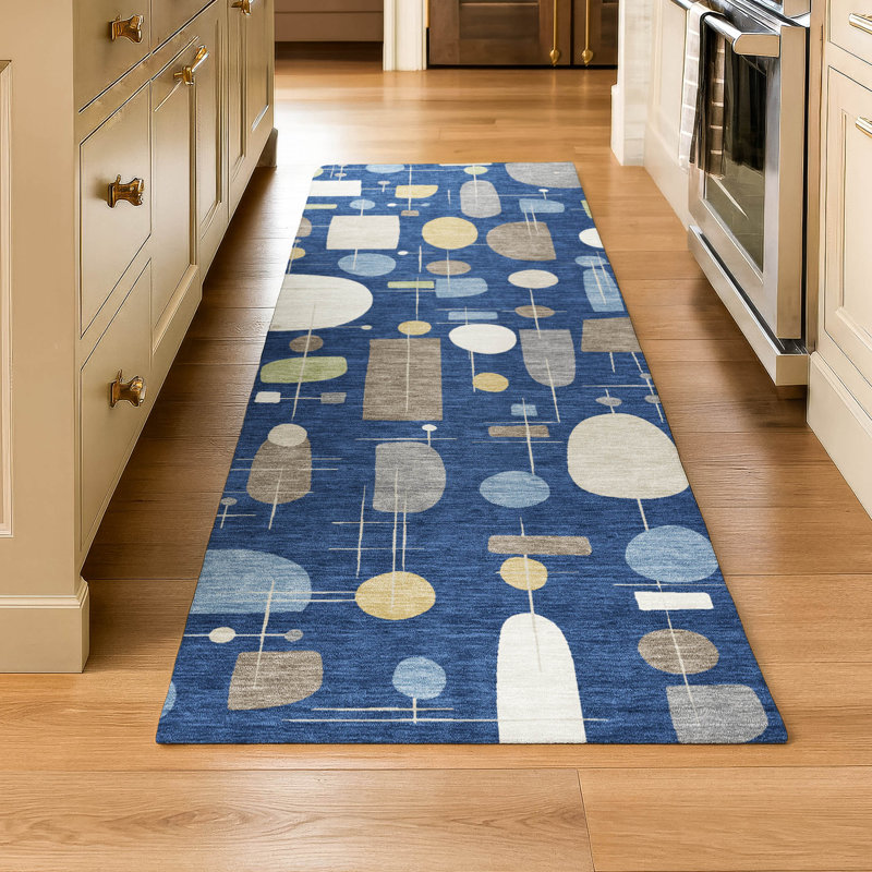 Premium Machine Washable Mayfield AMF2393 Geometric Rug, 2'3" x 7'6" Runner, Navy