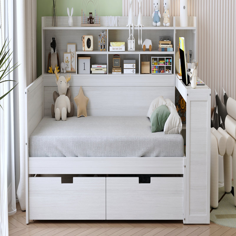 Lit de jour simple en bois avec tablettes de rangement, lit multifonctionnel avec deux tiroirs de rangement et bureau d'étude