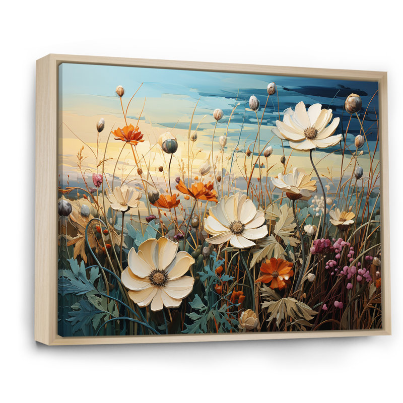 Cerulean Seascape Flowers Field - reproduction sur toile, Cadre naturel flottant, 30" H x 40" W