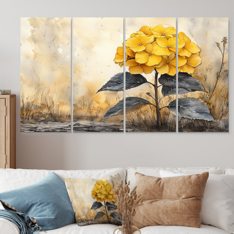 Jaune hydrangée jaune II - hydrangées - Art mural - décoration murale traditionnelle, H 32 po x l 64 po, 4