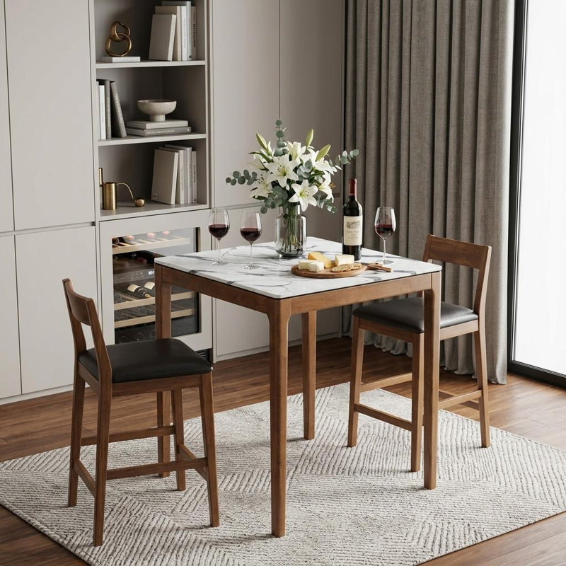 Table de bar carrée 32 po blanche et naturelle en faux marbre et bois massif