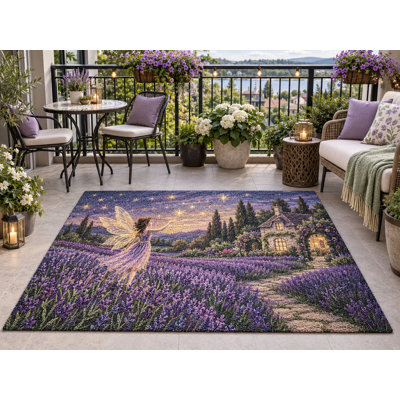 Tapis d'extérieur 152 x 213 cm, motif lavande, tapis féerique, épais, imperméable, en PVC bouclé, résistant et à séchage rapide, idéal pour terrasse, balcon, entrée, VR ou autre espace extérieur.