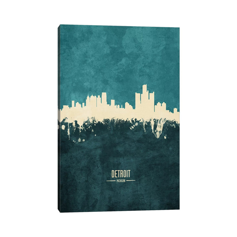 Detroit Michigan Skyline by Michael Tompsett - Wrapped Canvas Painting, 20.32 cm H x 30.48 cm W