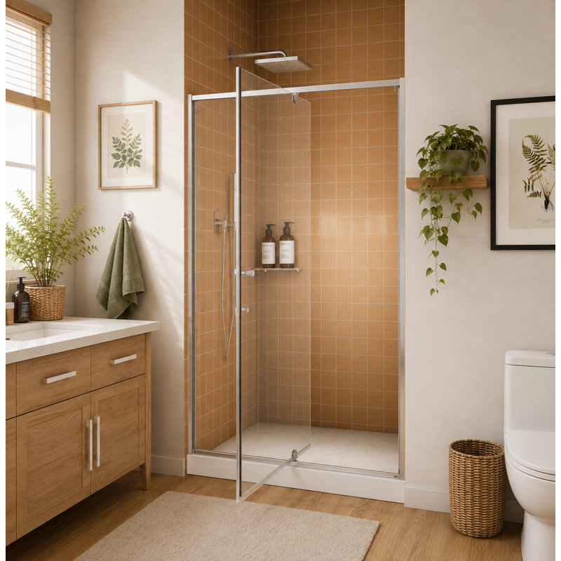  Porte de douche pivotante semi-sans cadre H 44 po x l 71 po avec verre trempé anti-déflagrant de 1/4 po (6 mm) Wynnt, quincaillerie en acier inoxydable, cadre en aluminium chromé