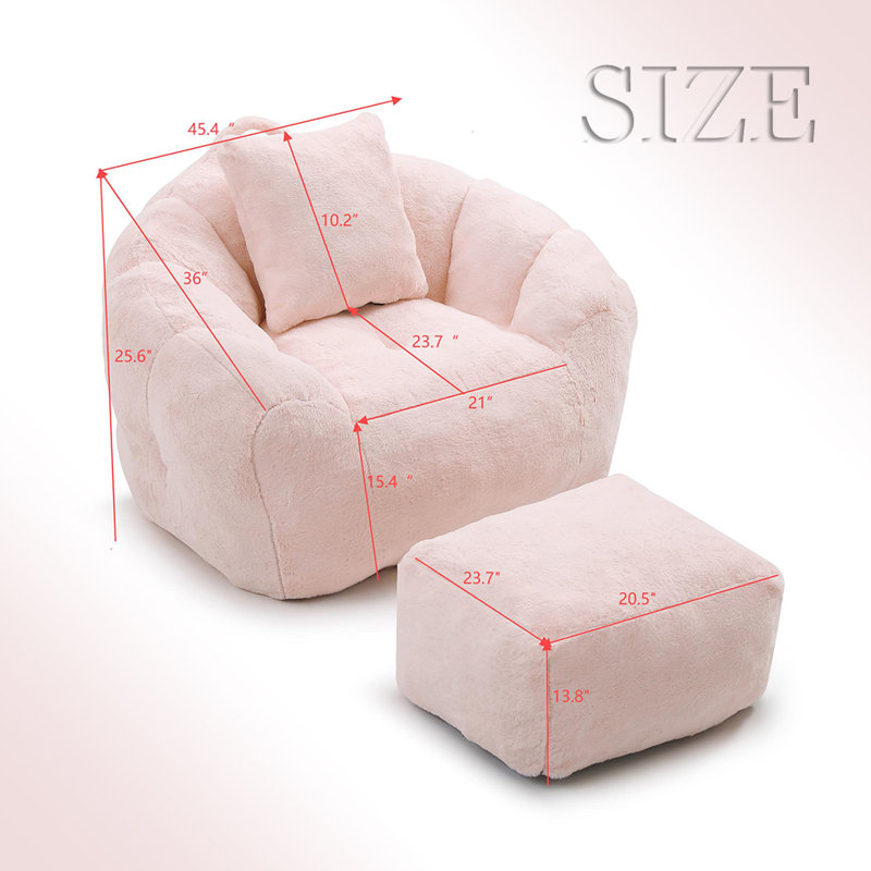 Oversized Bean Bag Chair with Footstool,Shell-Inspired Lounge Seat for Bedroom, Dorm, or Gaming, Pink Faux Fur