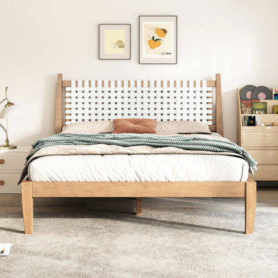 Contemporary Queen Bed With Woven White Leather Headboard, Solid Pine Wood, Easy Installation Coastal Platform And Natural Good For Bedroom Decor