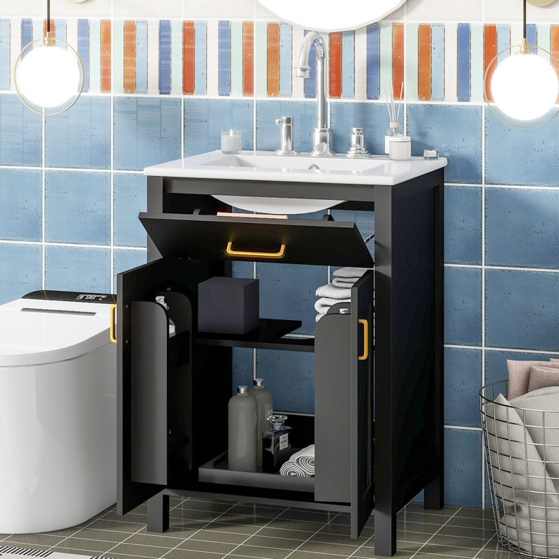 Black 24-Inch Freestanding Bathroom Vanity with Ceramic Sink