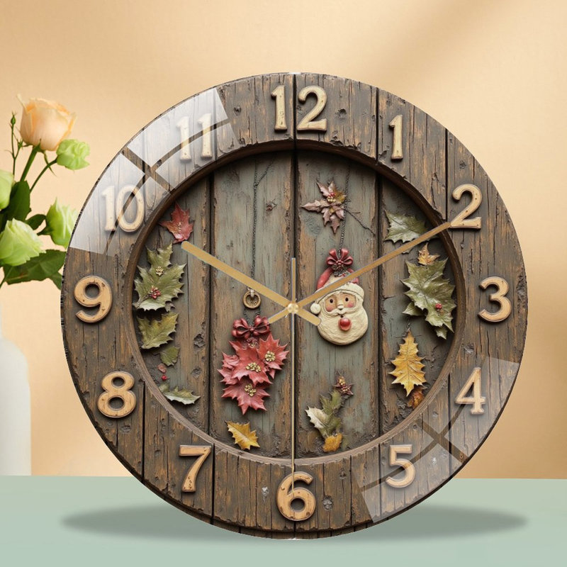 Horloge murale rustique-en-bois-avec-feuilles-de-père Noël