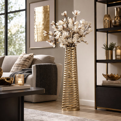 Contemporary Textured Cylinder Metal Tall Floor Vase for Home Tabletop Display - Tall table Vase for Entryway & Living Room Flower Arrangement - Gold