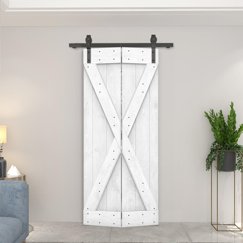 Porte de grange pliante pré-assemblée en bois avec quincaillerie coulissante, Blanc, 24" x 84"