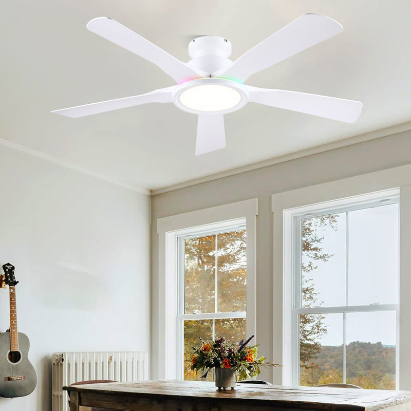 52" Flush Mount Ceiling Fan With Rgb Ring Light, White, White