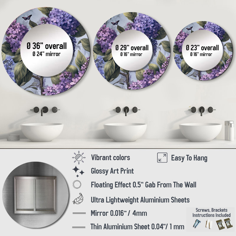 Lilas mauves parfumés II - grand miroir floral, miroir mural rond rond mauve, impression d'art en métal, 36 po x 36 po
