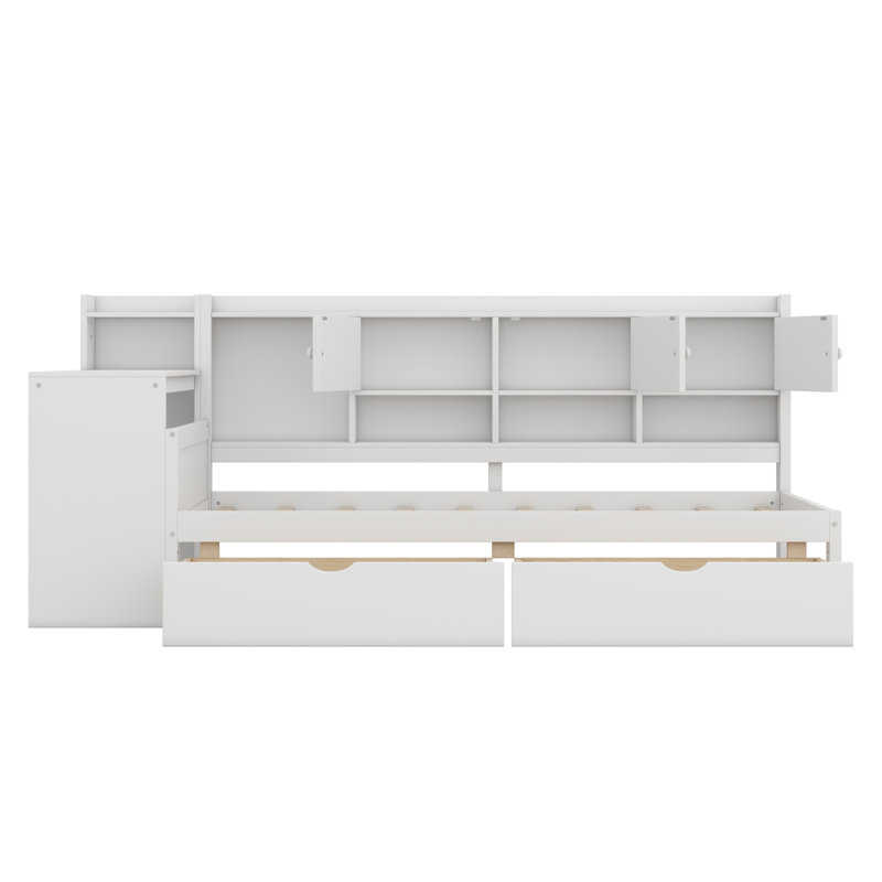 Wooden L-Shape Daybed With Storage Cabinets And Two Storage Drawers, Multi-Functional Bed With Study Desk And Built-In Bookshelf