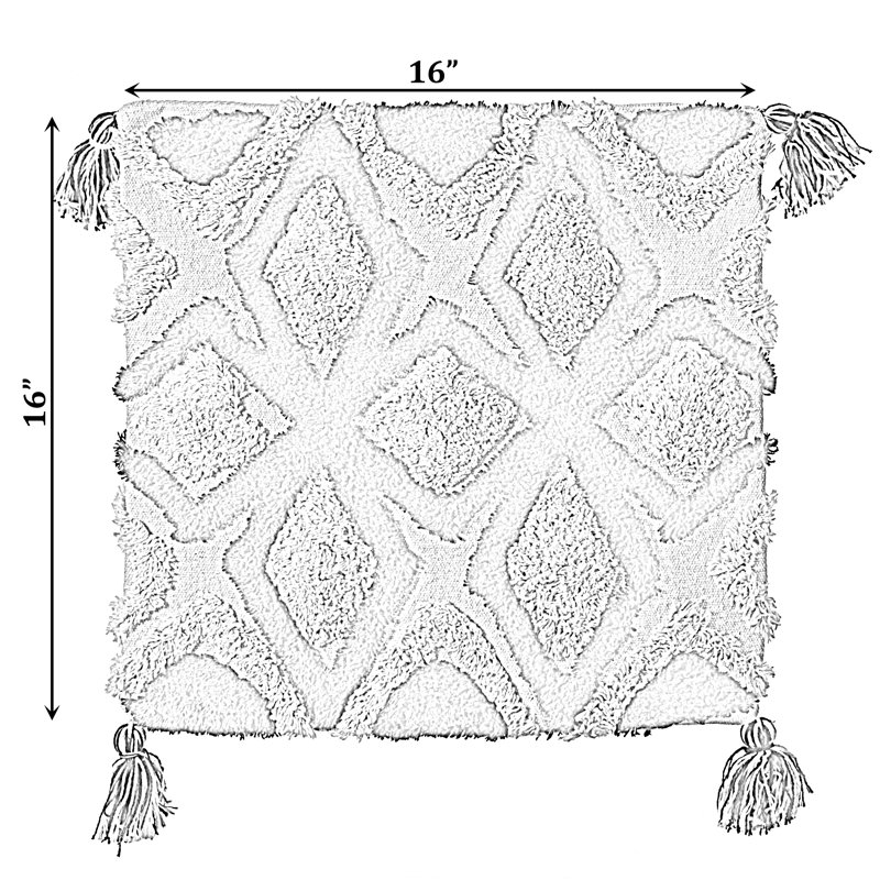 16" Handwoven Cotton Throw Pillow with Tufted Geometric Design and Tassels