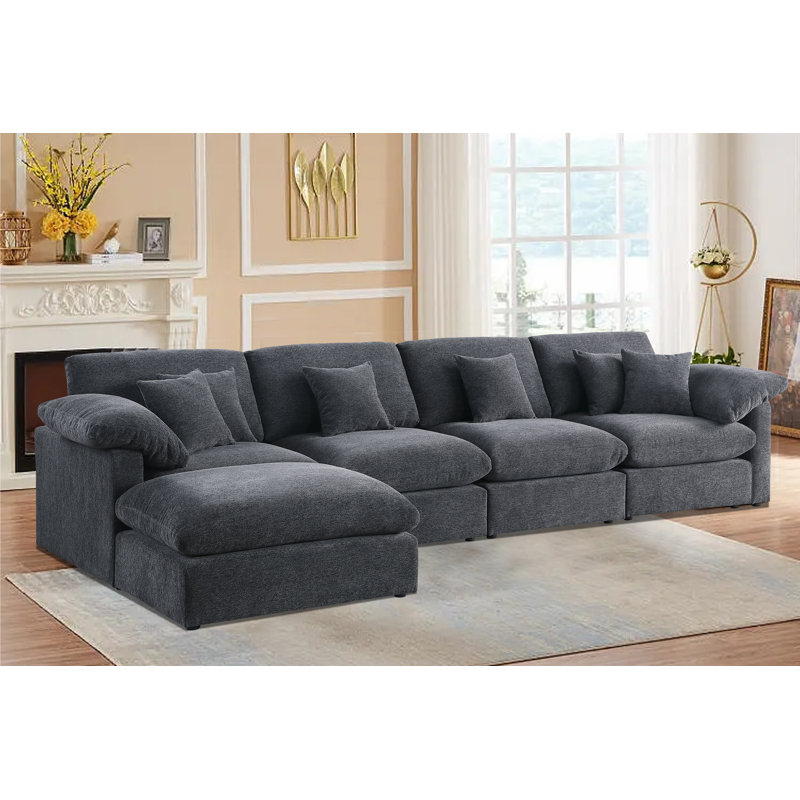 Canapé modulaire luxueux en tissu chenille 5 pièces avec repose-pieds, Chenille grise foncée, H 33,5 po x l 152 po x P 73 po