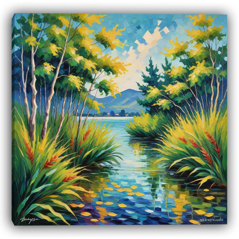 «Reflection Bay - Mosaic Impressionist Lake and Trees», art mural sur toile