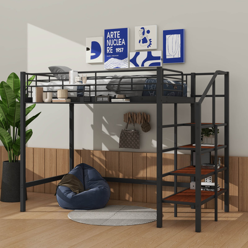 Lit mezzanine en métal de taille simple, avec une grille de rangement supérieure et une échelle de rangement latérale, Noir