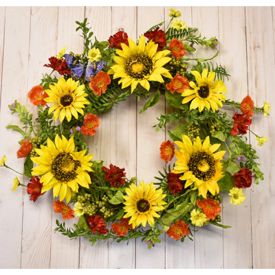 Faux Sunflower and Poppy 18 " Wreath