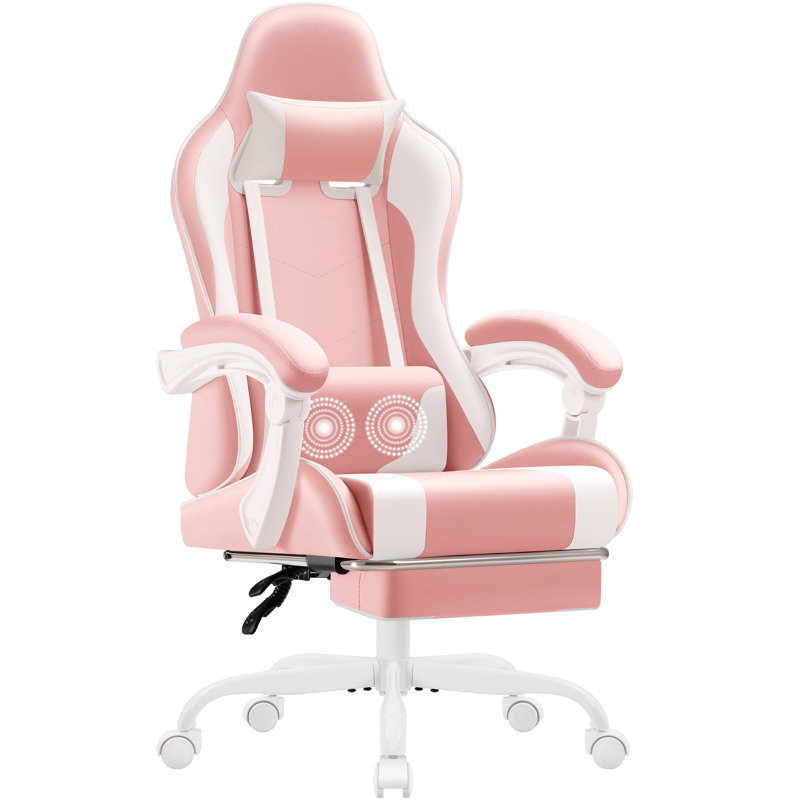 Fauteuil de jeu vidéo réglable avec massage pivotant pour PC et fauteuil de jeu de course avec repose-pieds, Rose / blanc