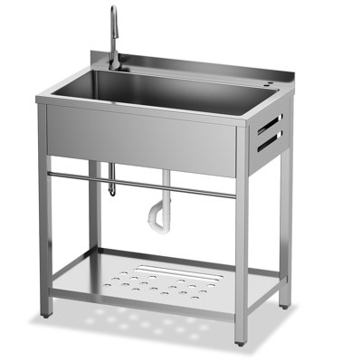 Évier utilitaire 30,7 po à cuve simple en acier inoxydable, intérieur et extérieur, avec conduites d'eau chaude et froide et drain P-trap, pour la cuisine, la salle de lavage et le chalet